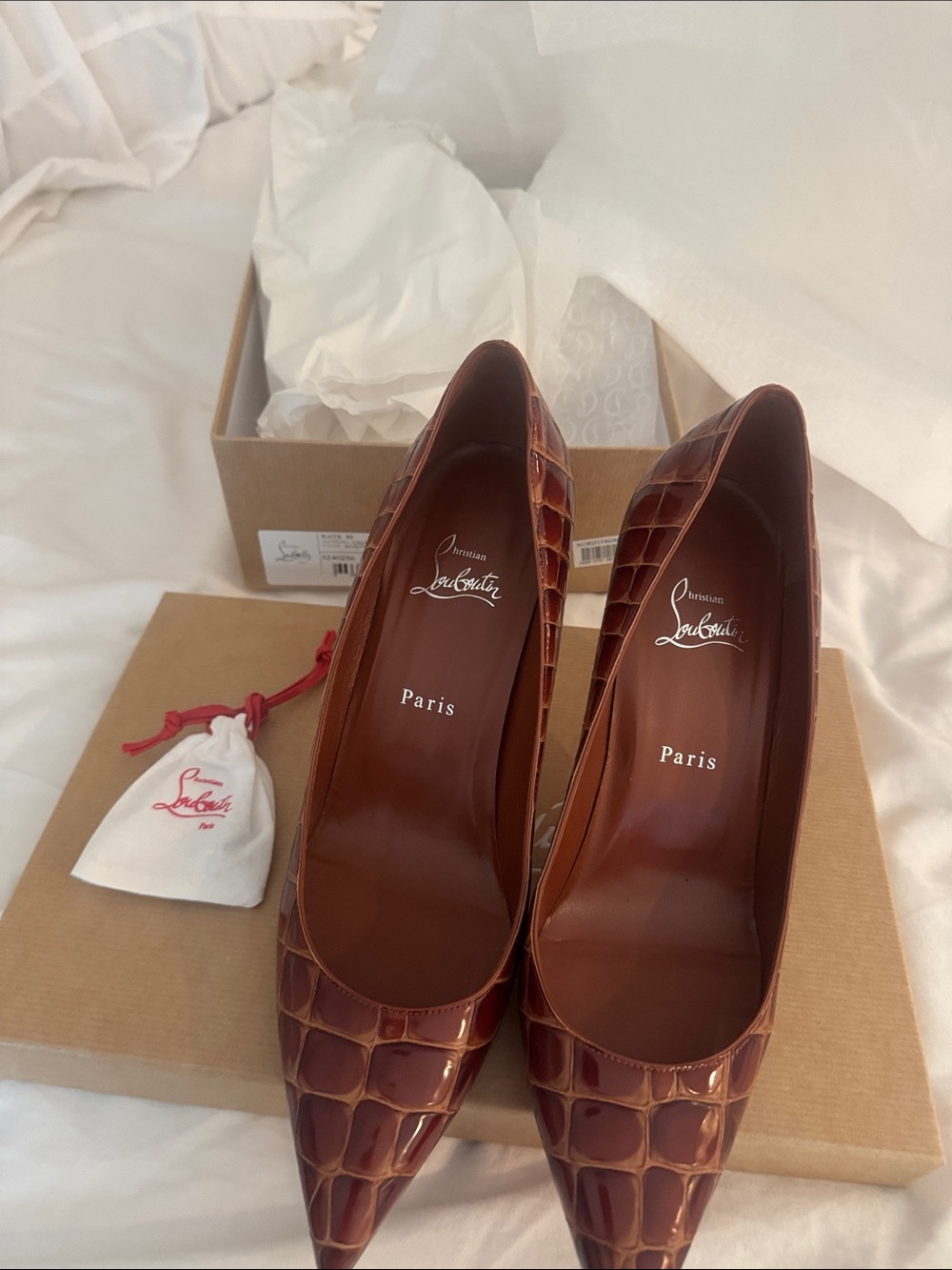 Christian Louboutin Brown Croc-Embossed Patent Leather Pumps